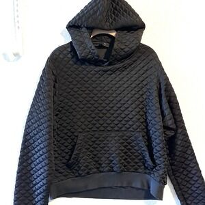 All Saints Vela‎ Quilted Hoodie Size Large L Black Satin Kangaroo Pocket